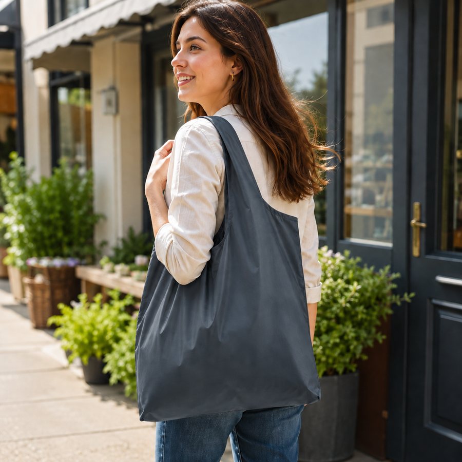 Charcoal tote worn on the shoulder on a sunny street