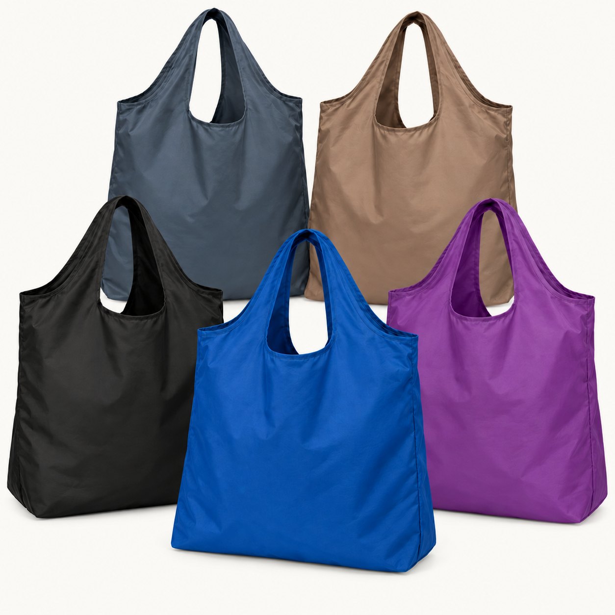 The five Tara's Bags totes standing together: Charcoal, Mocha, Black, Royal Blue and Purple
