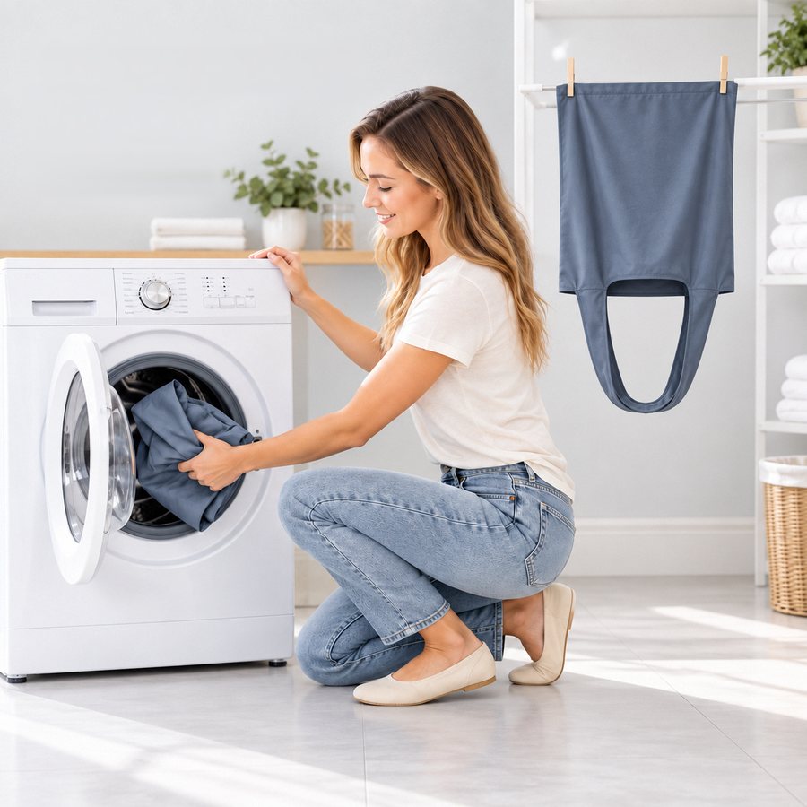 A Charcoal tote going into a washing machine while another hangs to dry